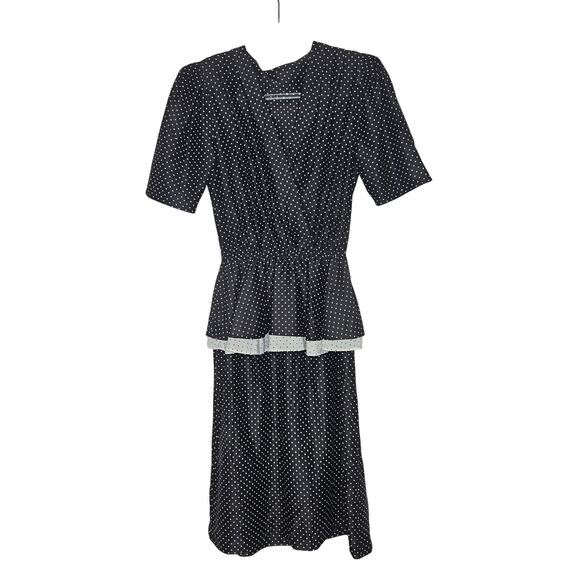 VINTAGE Womens Black/White Polka Dot Twee Peplum Midi Dress Retro Handmade 50s - Picture 1 of 5